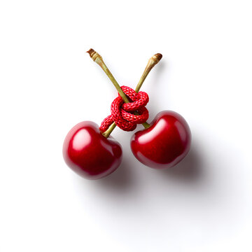 High-angle studio shot of two vibrant red cherries with stems tied together in a secure red knot, isolated on a clean white background, symbolizing unity, connection, or a cherry-picked selection.