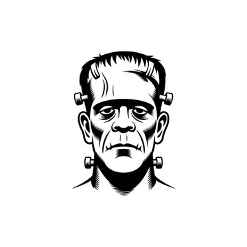 A black and white vector illustration of a classic cinematic undead creature with stitched scars and neck bolts. A detailed, gothic mascot portrait for horror themes.