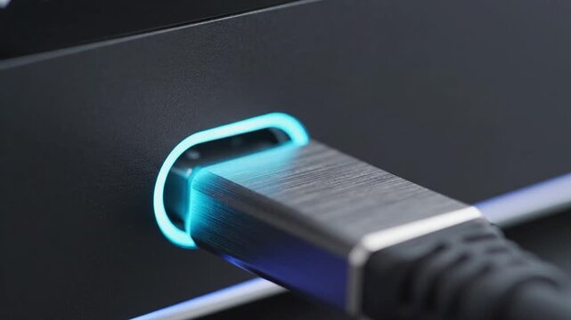 USB connector being inserted into port with illuminated edges on modern electronic device