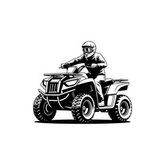 A black and white vector illustration of a person riding an all-terrain vehicle (ATV). The dynamic silhouette features a rider in a helmet, perfect for off-road sports. © Kotliar Ivan