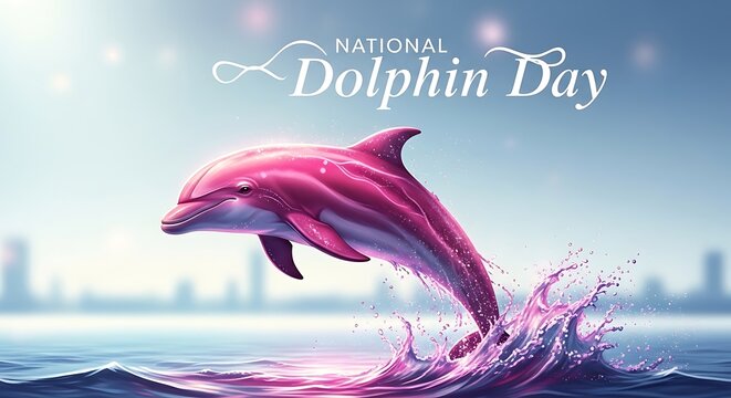 National dolphin day celebration with a vibrant pink dolphin leaping from water