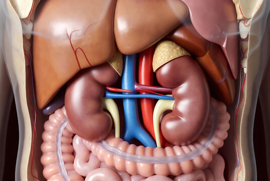 This image depicts a detailed anatomical representation of the human abdomen, highlighting the liver, kidneys, pancreas, and associated blood vessels.