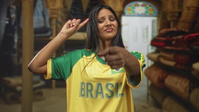 Woman points finger, wearing brazil jersey and smiling inside a building market with rugs and shelves; pride celebration.