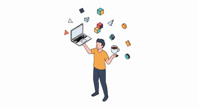 Isometric Man Juggling Work and Productivity Concept, Holding Laptop and Coffee Cup with Floating Geometric Shapes Illustration