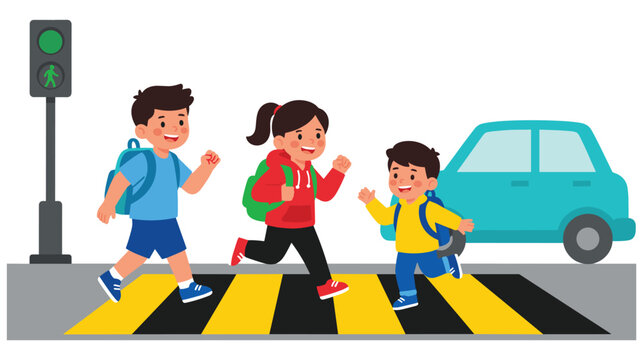 Children crossing road on crosswalk with traffic light and blue car.