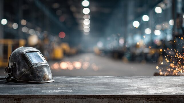 Industrial welding scene. Warehouse illumination emphasizes rapid industrial assembly. Bright warehouse lights illuminate sparks flying from welding helmet on concrete during fast paced shift