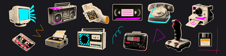 Retro technology halftone cutout set. Collection of sticker usable for mix media collages and pop art scrapbook © sunspire