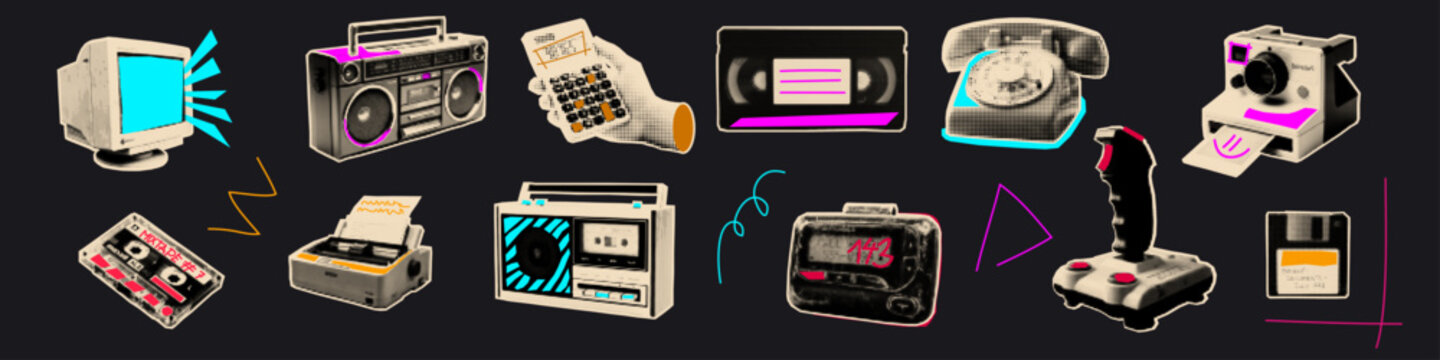 Retro technology halftone cutout set. Collection of sticker usable for mix media collages and pop art scrapbook