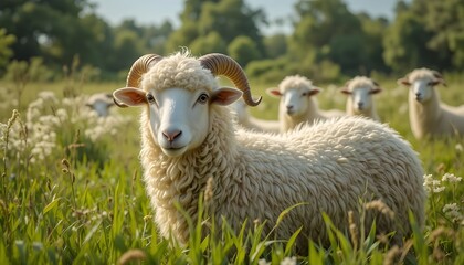 Naklejka premium Beautiful sheep with curly wool in green pasture, bright daylight, natural scene, high detail, Islamic festival theme