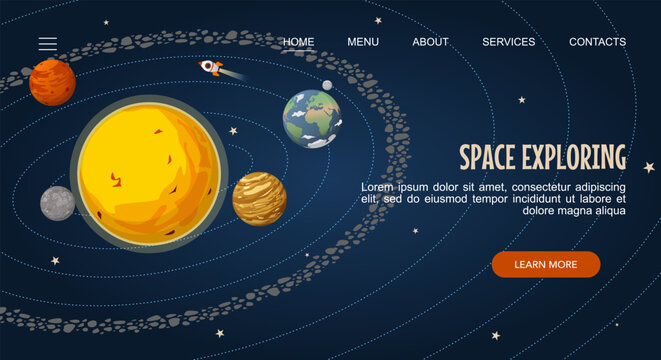 Space Exploring landing webpage template with solar system and space objects. Vector illustration