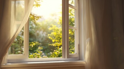 Obraz premium Soft sunlight enters the room through an open window. A light curtain sways gently in the breeze while a bright green park waits outside, creating a warm setting