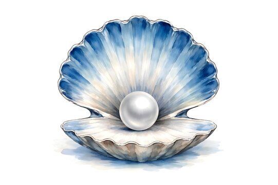 Watercolor illustration of an open blue and white seashell containing a large, radiant white pearl, set against a clean white background.