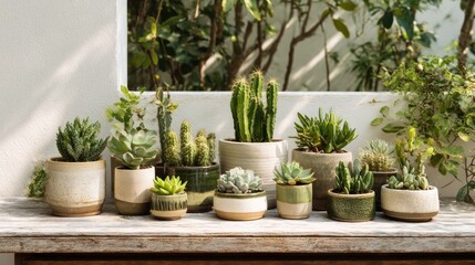 Fototapeta premium Succulents and cacti in different pots are placed on an outdoor table by a white wall. Natural light highlights the plants and surrounding greenery