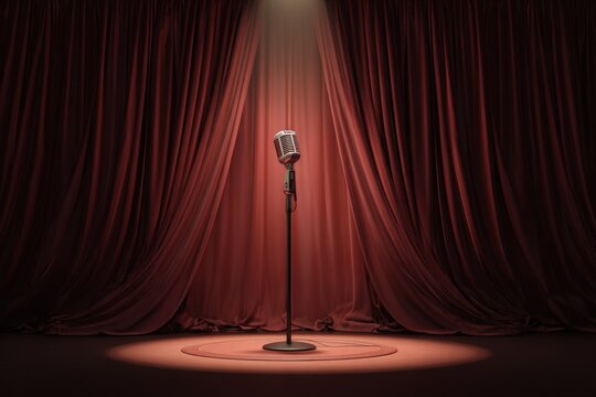 A small comedy stage features a vintage microphone at the center. Deep red velvet curtains frame the scene, lit by a warm spotlight creating an inviting atmosphere