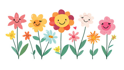 Obraz premium A cute cartoon vector illustration of an Easter bunny with spring flowers, birds, and colorful eggs in a floral nature garden with butterflies and pink blossoms