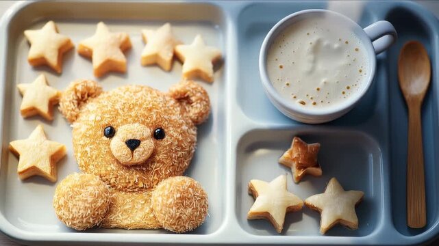 Close-up zoom out revealing a cute teddy bear shaped cookie on a divided tray with star biscuits and warm milk. Cozy morning childhood breakfast concept featuring sweet pastry and hot beverage.