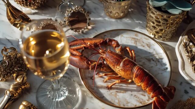 Luxury dining setup featuring cooked lobster and white wine on marble table, surrounded by gold jewelry and decor. High end food aesthetic for rich lifestyle concepts and culinary backgrounds.