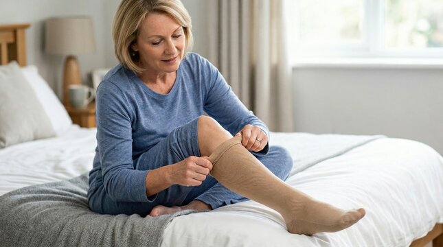 Elderly woman putting on compression stockings while sitting on bed  