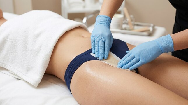 Woman receiving waxing treatment on bikini line in beauty salon  