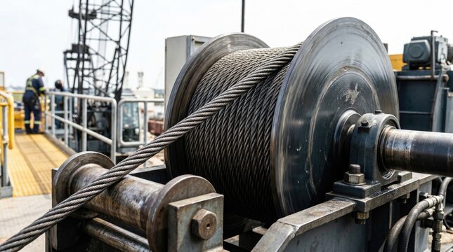 Industrial winch and wire rope on docked ship in marine setting  