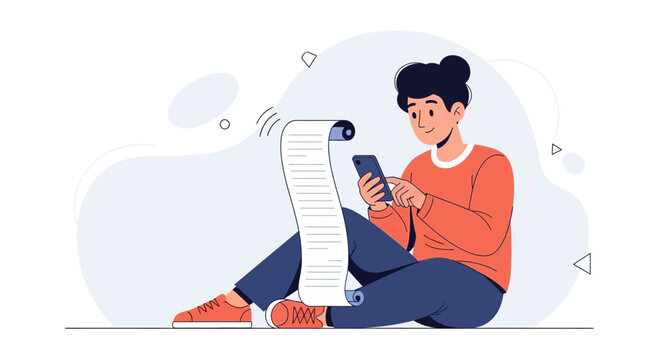 Man with long scroll and smartphone, planning, organizing, to-do list, modern illustration