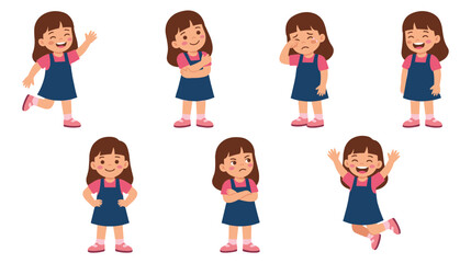 Set of cute little girl with different emotions and poses collection.