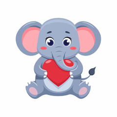 Obraz premium A cute cartoon elephant holding a red heart sitting on the ground with big eyes.