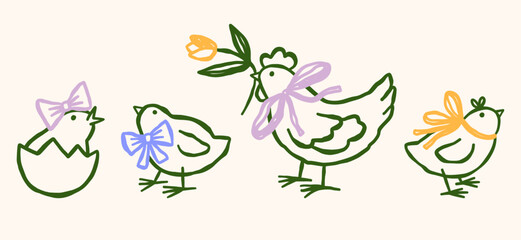 Cute coquette Easter chicks vector illustrations set. Outline chick clipart. Spring farm animals © ArtFM