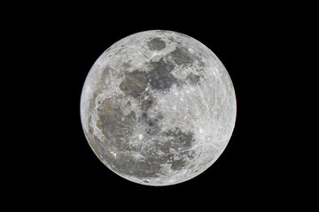 Full moon close up detailed lunar surface isolated in black night sky with visible craters and maria texture astronomy. Space object high resolution moon disc astrophotography celestial body view. © artiom.photo