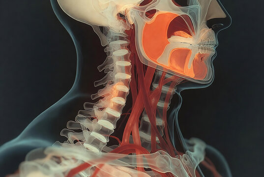 An anatomical illustration of the human neck, highlighting the pharynx and surrounding structures.