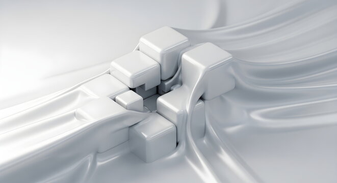 Abstract white cubes emerging from elegant flowing silk fabric