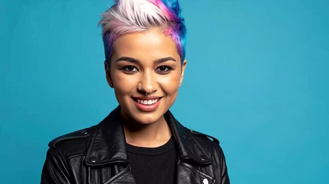 A young woman with colorful hair smiles warmly wearing a leather jacket against a blue background