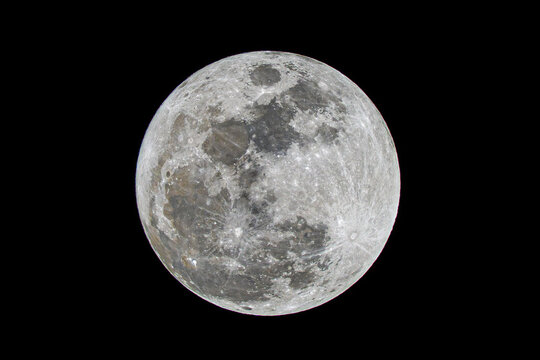 Full moon close up detailed lunar surface isolated in black night sky with visible craters and maria texture astronomy. Space object high resolution moon disc astrophotography celestial body view.