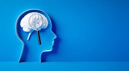 Conceptual artwork showing a 3D silhouette of a head with white brain and magnifying glass against blue wall