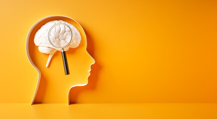Conceptual artwork showing a 3D silhouette of a head with white brain and magnifying glass against yellow wall