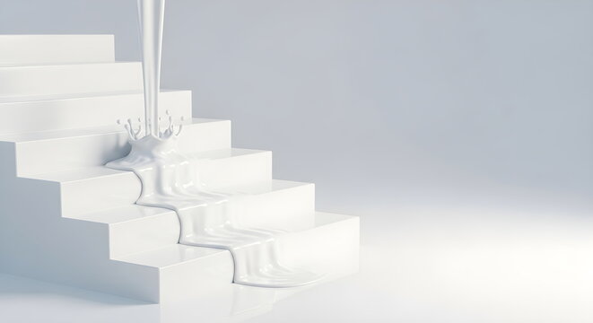 Abstract 3D render of milk splashing on white staircase steps