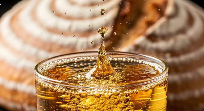 Macro shot of splashing golden beverage with baked bread background