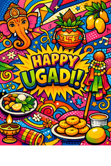 Fototapeta premium Ugadi Pop Art Illustration with Bold Colors and Festive Symbols – Vibrant Modern Celebration Design