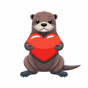 A cute otter holding a red heart shaped object sitting