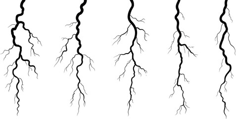 Obraz premium Lightning bolt silhouettes collection with electric strike shapes, thunder flash energy lines, dramatic storm elements isolated vector set on white background