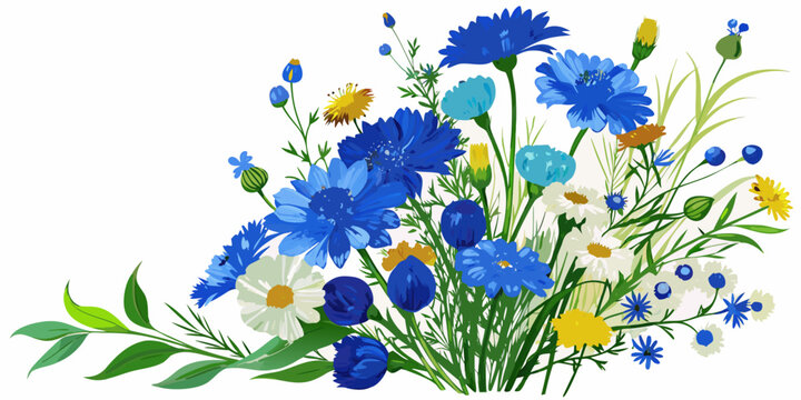 Beautiful bouquet of cornflowers and daisies, vector