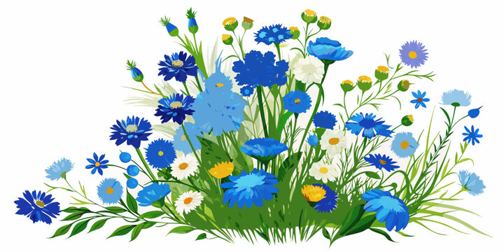 Wildflowers arrangement with blue cornflowers and yellow daisies, vector