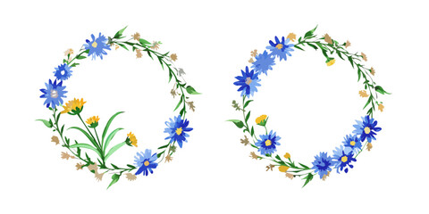Fototapeta premium Blue cornflower and yellow wildflower circular wreath frames, vector