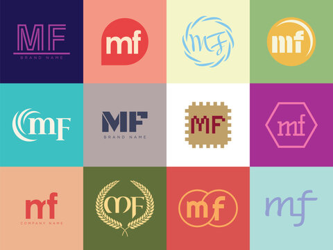 MF logo company template. Letter m and f logotype. Set different classic serif lettering and modern bold text with design elements. Initial font typography.
