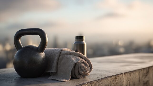 Object Only Premium Still Life Kettlebell Towel Bottle Rooftop Ledge Soft Skyline