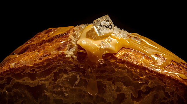 Extreme Close-up of Melting Butter and Honey on Crusty Artisan Bread