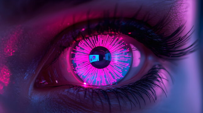 Macro Photography of a Human Eye with Glowing Pink Cybernetic Circuitry