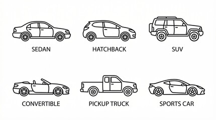 Obraz premium set of transport icons set of 6 minimal line art vehicles, sedan, hatchback, SUV, convertible, pickup truck, sports car, arranged in 2 rows, evenly spaced, black outline, thin stroke, no fill, isolate