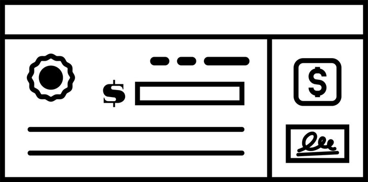 Modern, high-quality stroke outline icon of a financial cheque ideal for instructional manuals and banking brochures. Bank check line drawing icon.