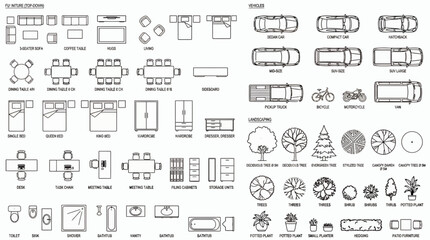 Top down view of architectural CAD blocks featuring furniture vehicles landscaping and bathroom symbols for floor plans, concept for architectural drawing, interior design and site planning